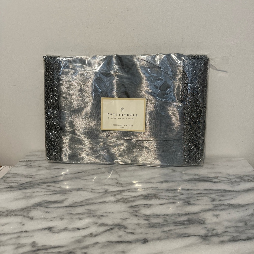 Pottery Barn Metallic Silver Table Runner NEW NIP